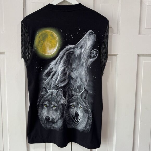 Double Side Wolf Print Black Shirt Fringe Chain Sleeves By Avion En Papier RARE - Picture 3 of 12